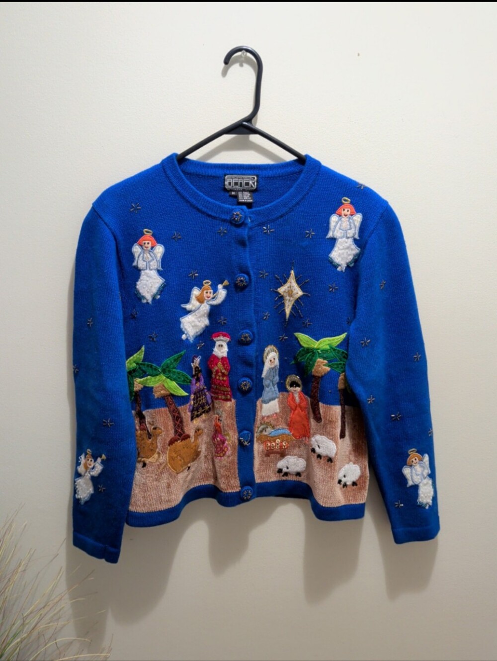 Vintage Berek Nativity Scene Sequin Christmas Cardigan Sweater Size M